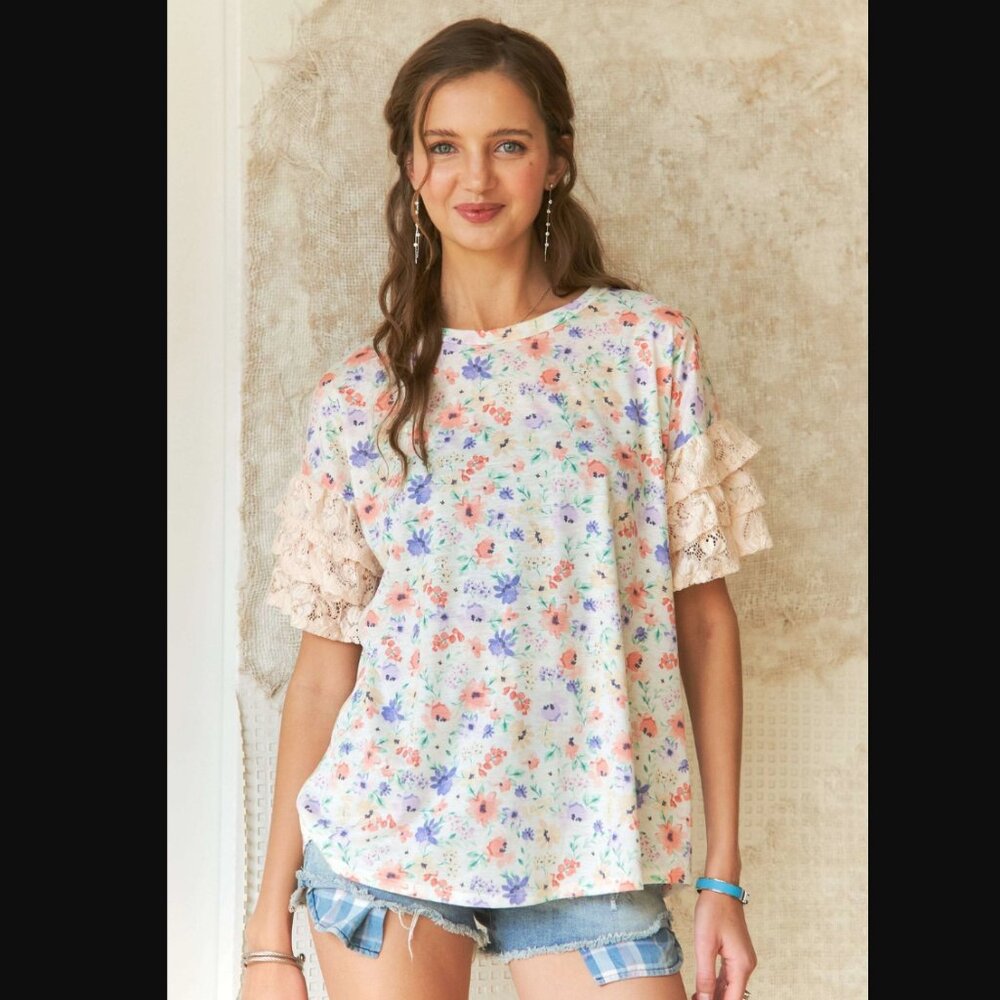 A642 ADORA Ivory Floral Print Tiered Lace Sleeve